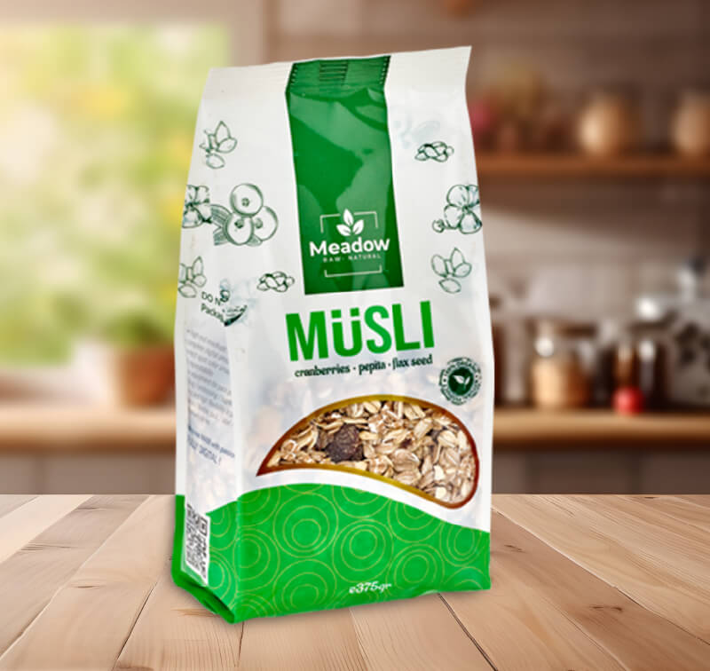 Protótipo de embalagem de bolsa flexível para muesli
