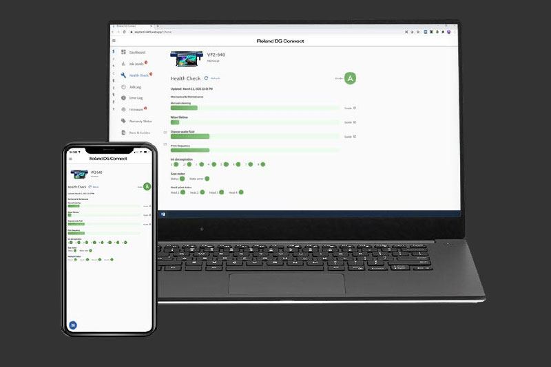 L'application Roland DG Connect s'affiche sur un ordinateur portable et un appareil mobile